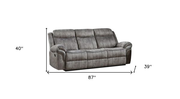 87" Gray Velvet Reclining USB Sofa With Black Legs - Image 4