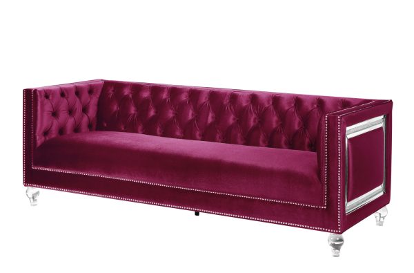 89" Burgundy Velvet Sofa And Toss Pillows With Clear Legs - Image 2