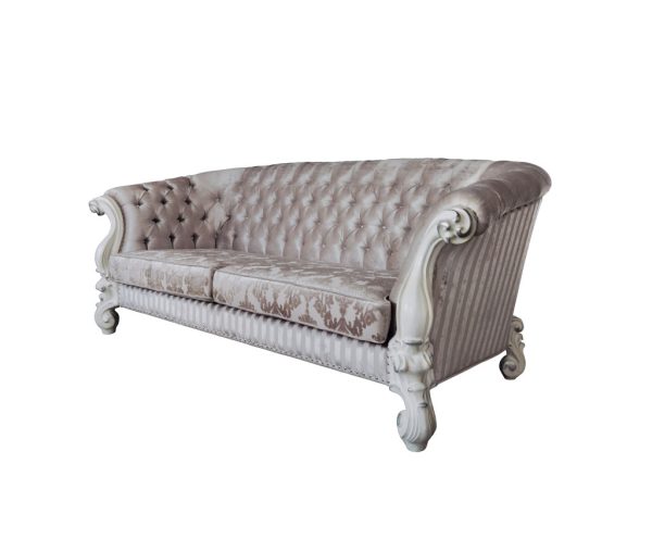 99" Ivory Velvet Damask Sofa And Toss Pillows With Bone Legs - Image 2