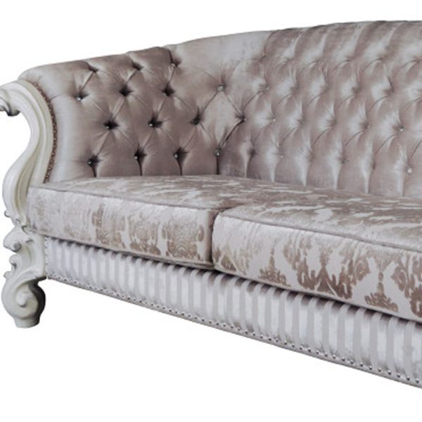 99" Ivory Velvet Damask Sofa And Toss Pillows With Bone Legs - Image 3