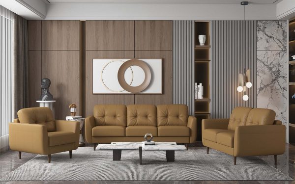 59" Camel And Brown Leather Loveseat - Image 4