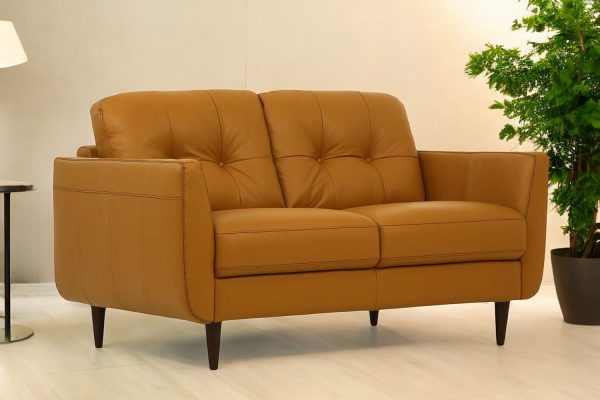 59" Camel And Brown Leather Loveseat - Image 2