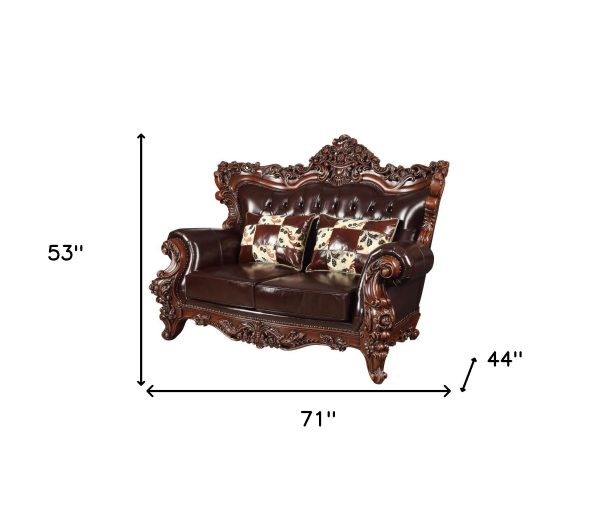 71" Espresso And Brown Faux Leather Curved Loveseat - Image 3