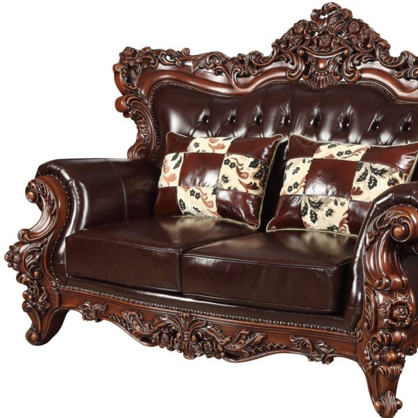 71" Espresso And Brown Faux Leather Curved Loveseat - Image 2