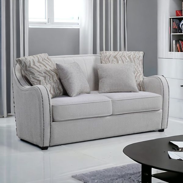 63" Beige And Black Linen Curved Loveseat and Toss Pillows - Image 2