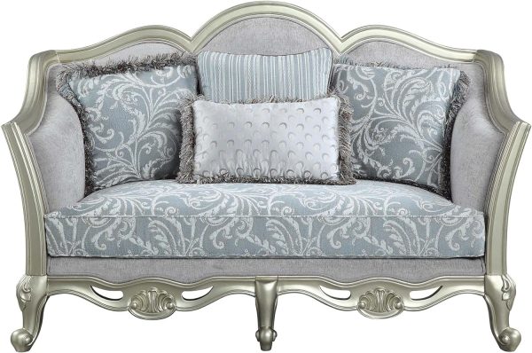 66" Light Gray And Champagne Linen Damask Loveseat and Toss Pillows - Image 2