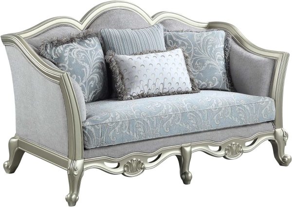 66" Light Gray And Champagne Linen Damask Loveseat and Toss Pillows - Image 4
