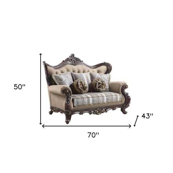 70" Brown And Dark Brown Linen Curved Loveseat and Toss Pillows - Image 4