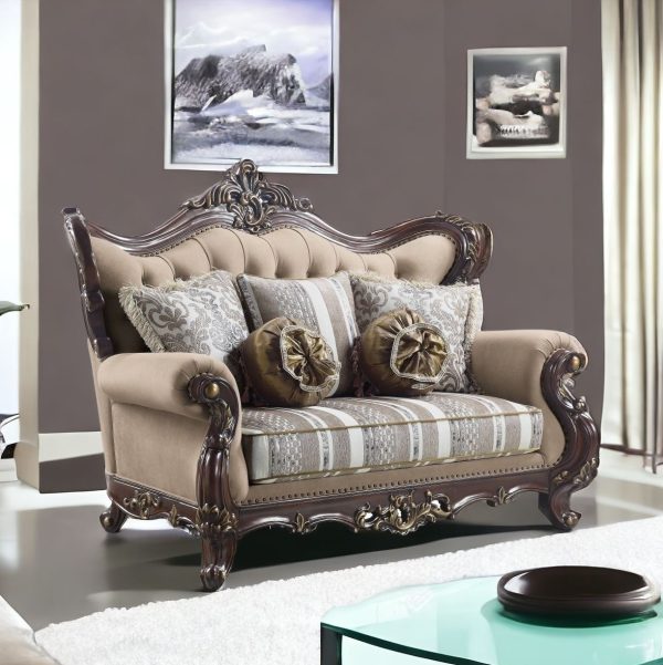 70" Brown And Dark Brown Linen Curved Loveseat and Toss Pillows - Image 2