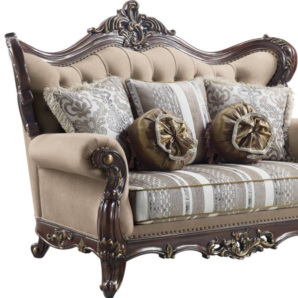 70" Brown And Dark Brown Linen Curved Loveseat and Toss Pillows - Image 3