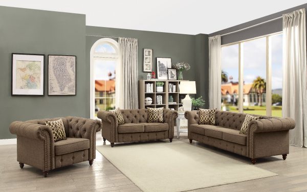 67" Brown And Dark Brown Linen Loveseat - Image 4