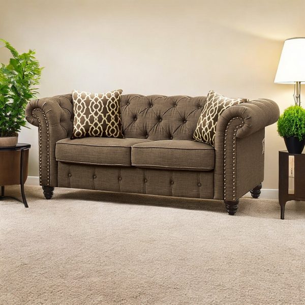 67" Brown And Dark Brown Linen Loveseat - Image 2