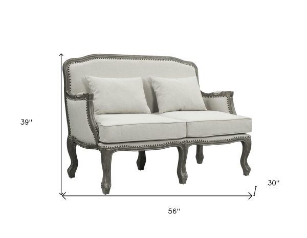 56" Cream And Gray Linen Loveseat and Toss Pillows - Image 4