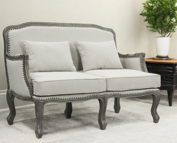 56" Cream And Gray Linen Loveseat and Toss Pillows - Image 2