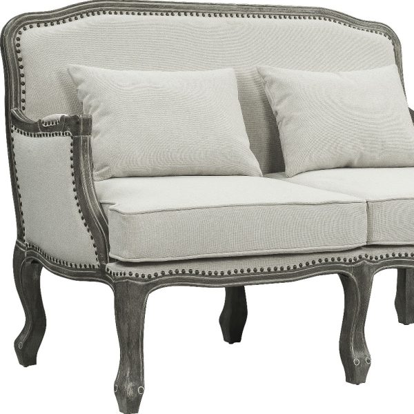 56" Cream And Gray Linen Loveseat and Toss Pillows - Image 3