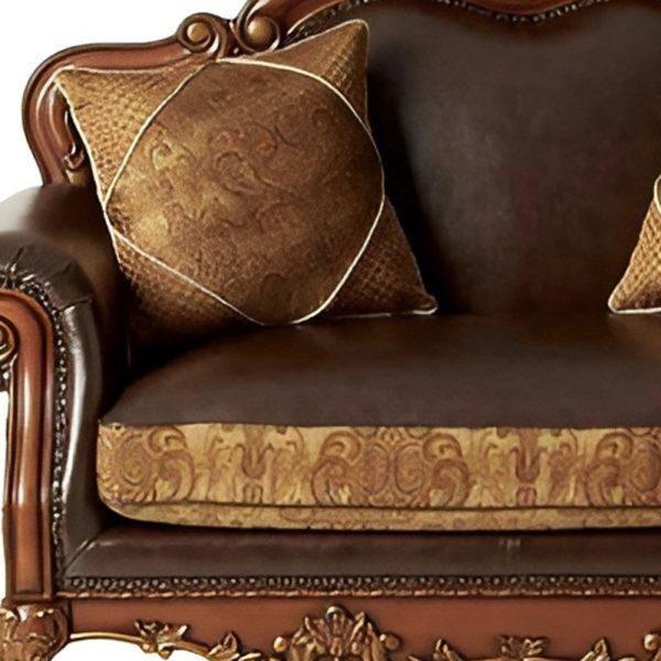 67" Brown And Redwood Faux Leather Loveseat and Toss Pillows - Image 4