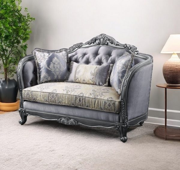 65" Gray And Platinum Silk Blend Loveseat and Toss Pillows - Image 2