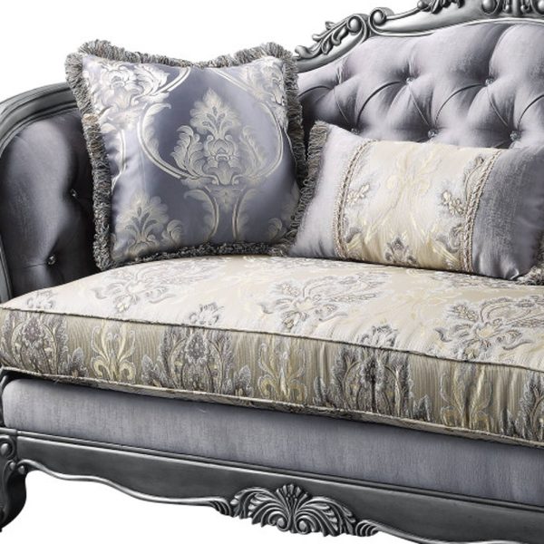 65" Gray And Platinum Silk Blend Loveseat and Toss Pillows - Image 3