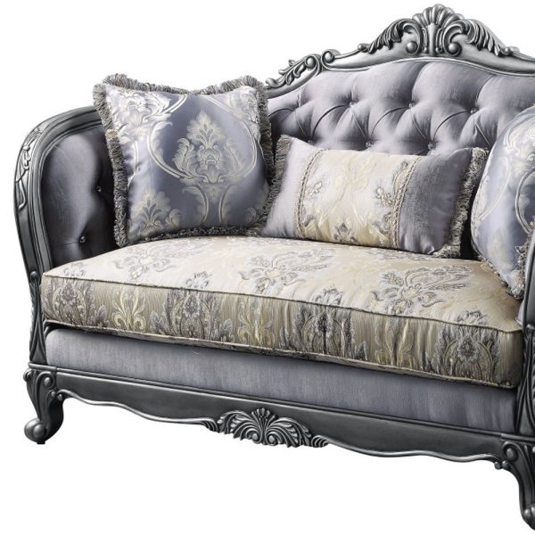 65" Gray And Platinum Silk Blend Loveseat and Toss Pillows - Image 4