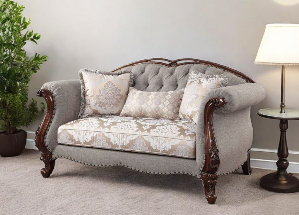 72" Beige And Dark Brown Linen Loveseat and Toss Pillows - Image 2