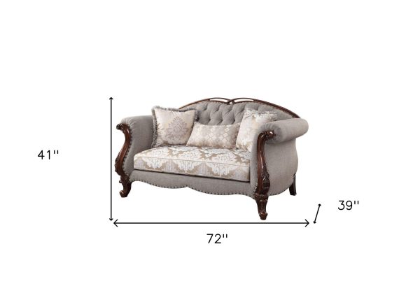 72" Beige And Dark Brown Linen Loveseat and Toss Pillows - Image 4
