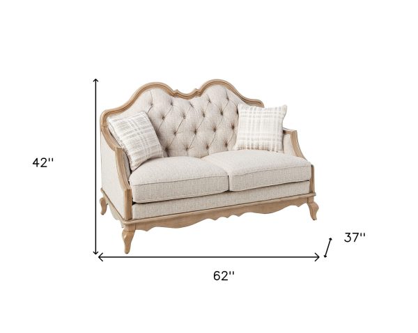 62" Beige And Brown Linen Loveseat and Toss Pillows - Image 4