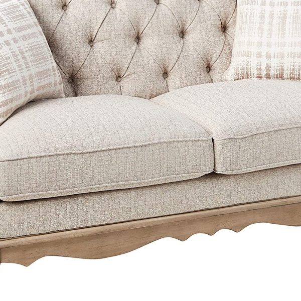 62" Beige And Brown Linen Loveseat and Toss Pillows - Image 3