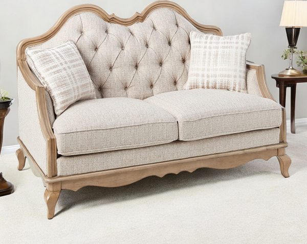 62" Beige And Brown Linen Loveseat and Toss Pillows - Image 2