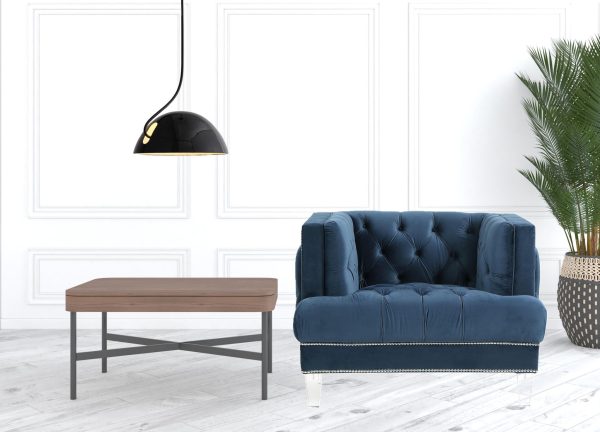41" Blue Velvet And Black Tufted Arm Chair - Image 4