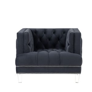 41" Charcoal Velvet And Black Tufted Arm Chair