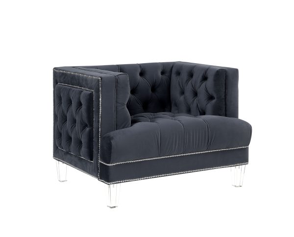 41" Charcoal Velvet And Black Tufted Arm Chair - Image 4