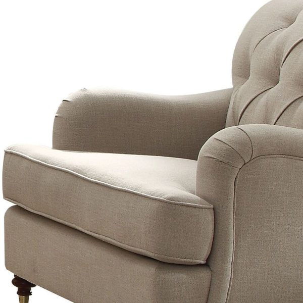 35" Beige and Dark Brown Fabric Tufted Arm Chair - Image 3