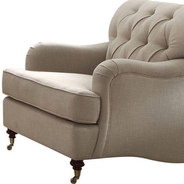 35" Beige and Dark Brown Fabric Tufted Arm Chair - Image 4
