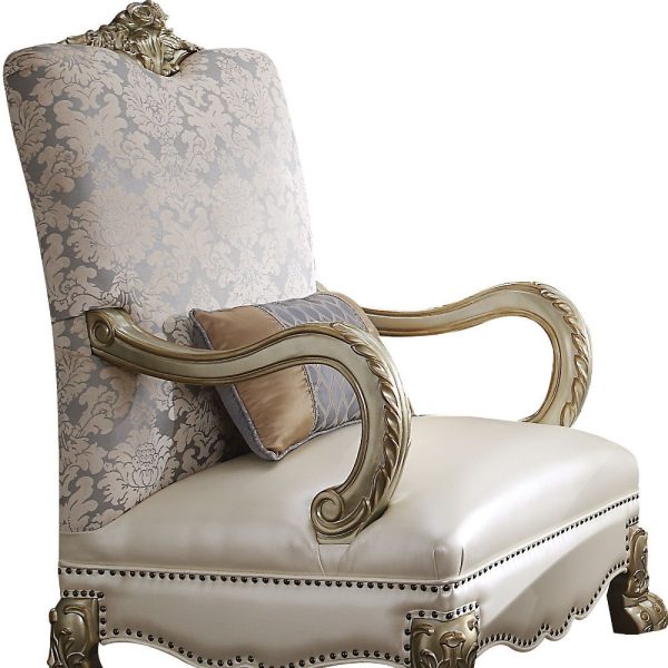 34" Pearl and Gold Faux Leather Damask Arm Chair - Image 4