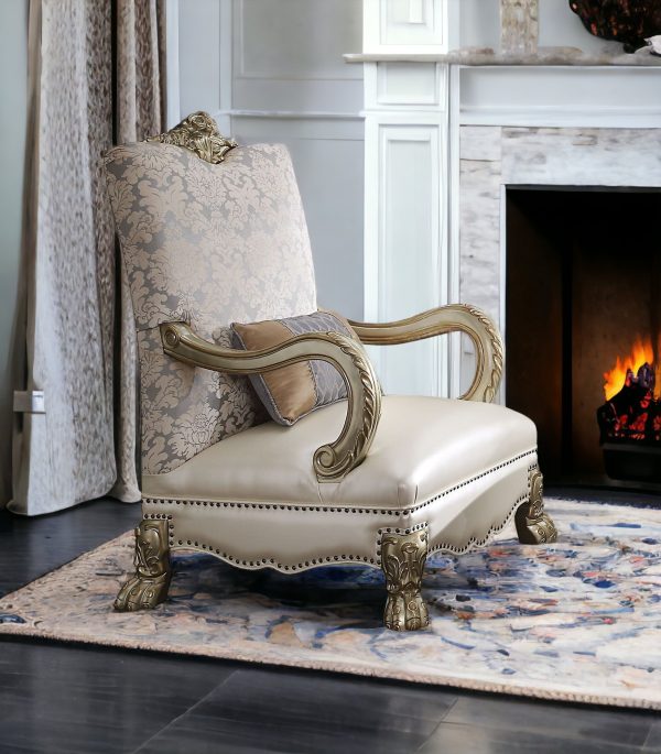 34" Pearl and Gold Faux Leather Damask Arm Chair - Image 2