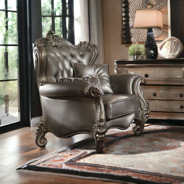 44" Silver and Platinum Faux Leather Tufted Wingback Chair - Image 2