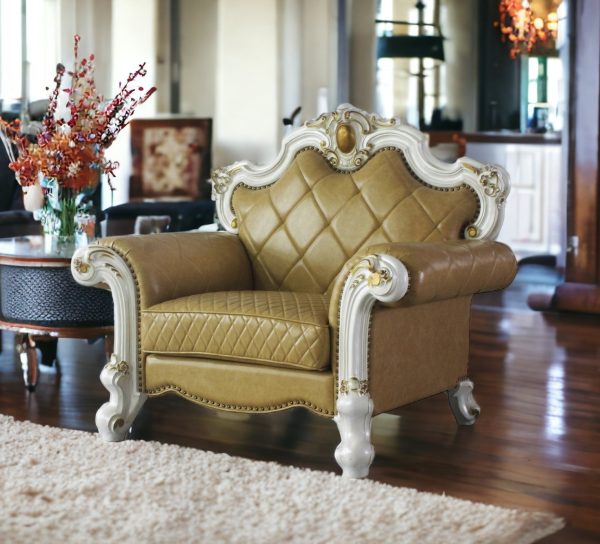 50" Beige and Pearl Faux Leather Tufted Arm Chair - Image 4