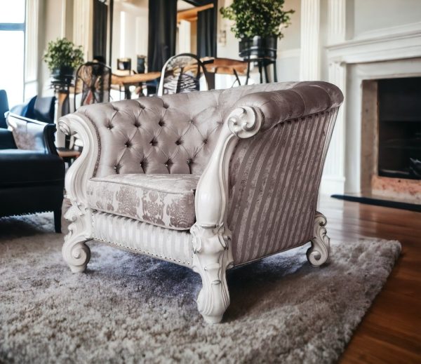 52" Ivory and Bone Fabric Damask Tufted Barrel Chair - Image 2