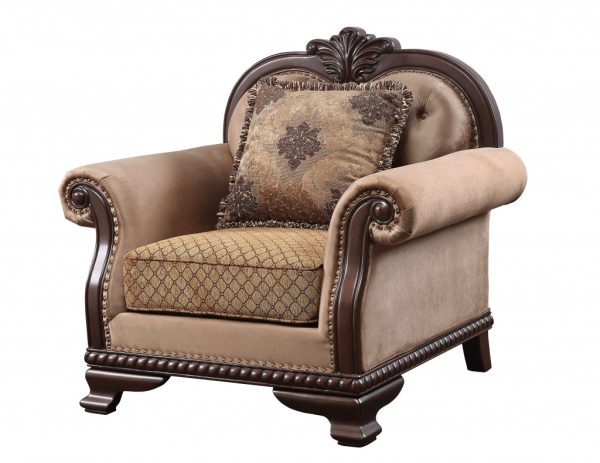 44" Tan And Espresso Fabric Tufted Arm Chair And Toss Pillow - Image 2