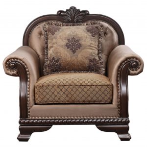 44" Tan And Espresso Fabric Tufted Arm Chair And Toss Pillow