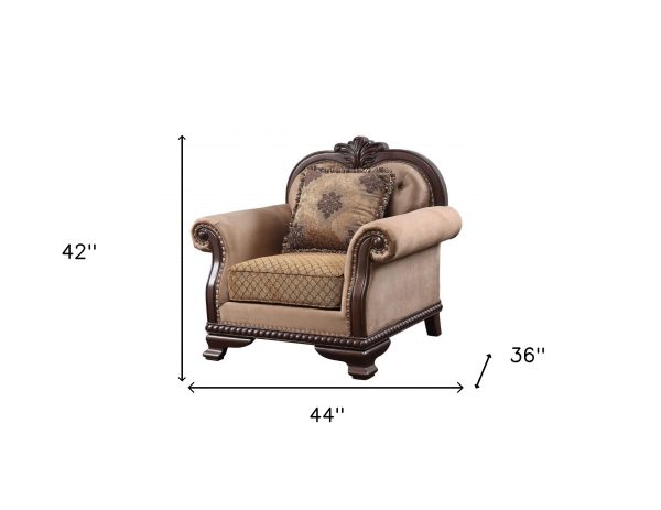 44" Tan And Espresso Fabric Tufted Arm Chair And Toss Pillow - Image 4