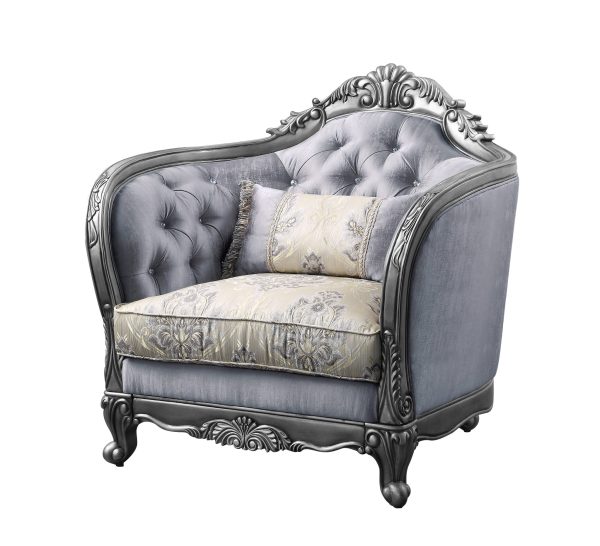 43" Light Gray Fabric And Platinum Floral Tufted Arm Chair - Image 2