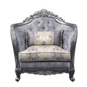 43" Light Gray Fabric And Platinum Floral Tufted Arm Chair