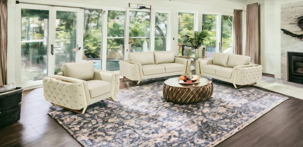 Three Piece Indoor Beige Italian Leather Six Person Seating Set - Image 2