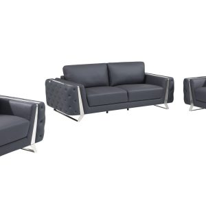 Three Piece Indoor Dark Gray Italian Leather Six Person Seating Set