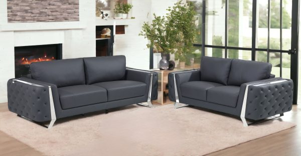Two Piece Indoor Dark Gray Italian Leather Five Person Seating Set - Image 2