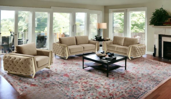 Three Piece Indoor Beige Velvet Six Person Seating Set - Image 2