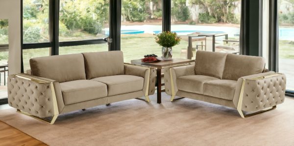 Two Piece Indoor Beige Velvet Five Person Seating Set - Image 2