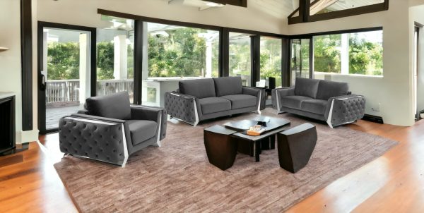 Three Piece Indoor Dark Gray Velvet Six Person Seating Set - Image 2