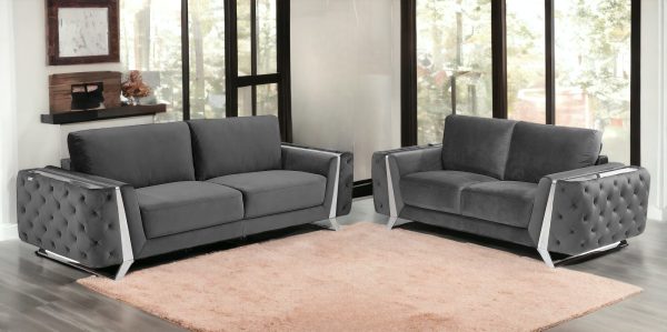 Two Piece Indoor Dark Gray Italian Leather Five Person Seating Set - Image 2